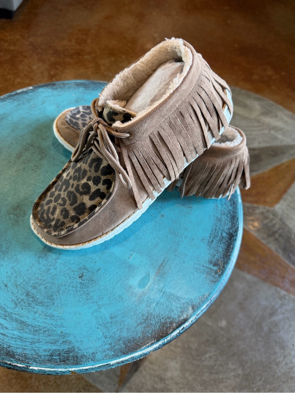 Fringe Suede Moccasin Slippers with Leopard Toe